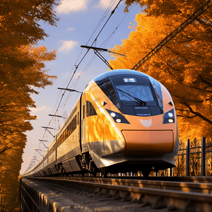 秋天高铁穿行在枫树林
