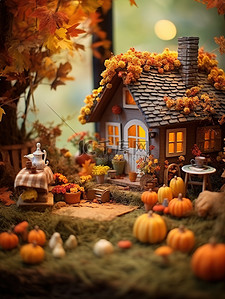 秋天背景图片_可爱的秋季小屋微观背景2