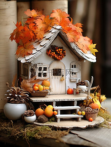 可爱的秋季小屋微观背景11