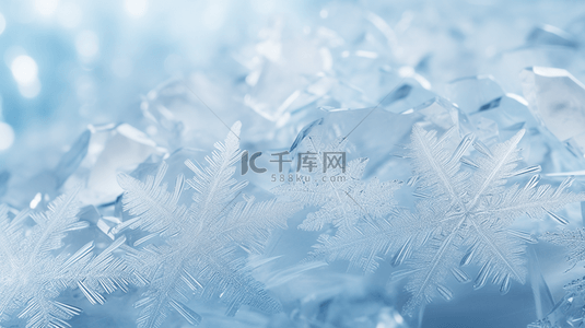 冬天蓝色晶莹剔透的雪花冰花纹理底纹背景