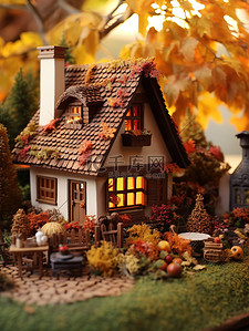 可爱的秋季小屋微观背景15