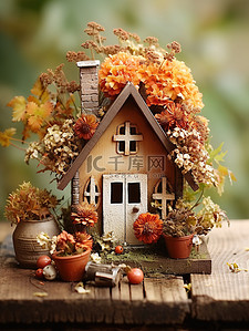 秋天背景图片_可爱的秋季小屋微观背景3