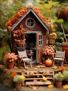 秋天背景图片_可爱的秋季小屋微观背景8