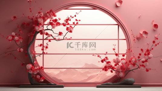春节古典圆窗鲜花装饰C4D背景17