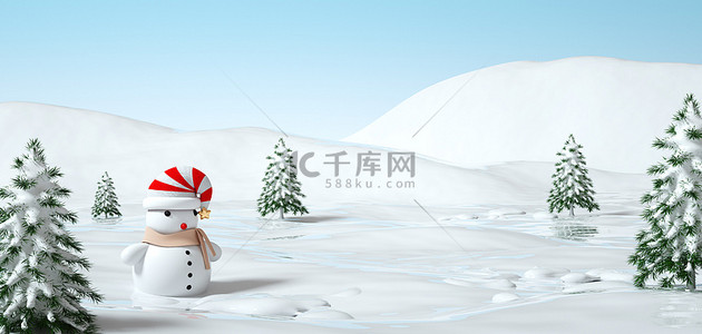 雪人雪地背景图片_冬季雪地雪松场景c4d