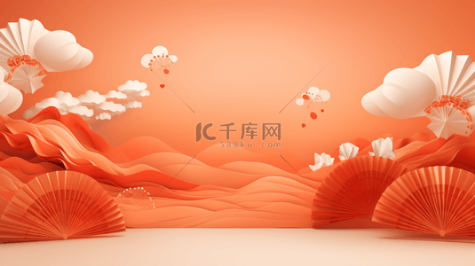 纸背景图片_C4D祥云纸扇装饰春节背景5