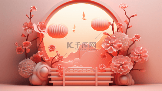 桃花背景图片_春节古典圆窗鲜花装饰C4D背景15