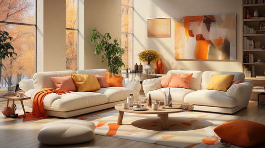 奶油色沙发背景图片_橙色和奶油色风格家居背景8