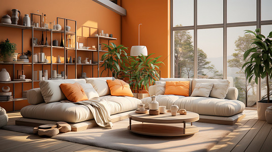 奶油色沙发背景图片_橙色和奶油色风格家居背景1