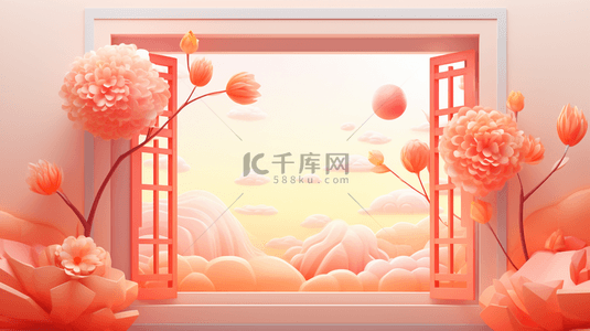 春节古典窗户鲜花装饰C4D背景7