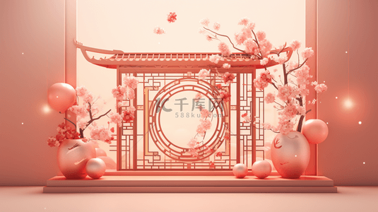 春节古典窗户鲜花装饰C4D背景6