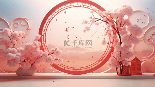 春节古典圆窗鲜花装饰C4D背景18