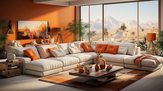 奶油色沙发背景图片_橙色和奶油色风格家居背景2