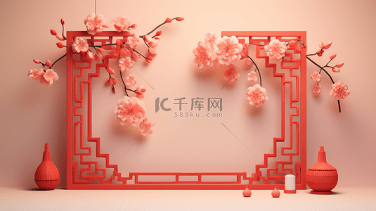 古风窗户背景图片_春节古典窗户鲜花装饰C4D背景8