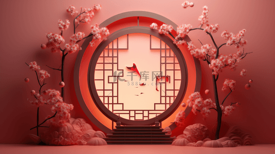 春节古典圆窗鲜花装饰C4D背景20