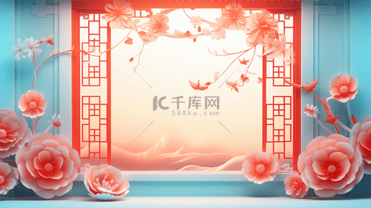 春节古典窗户鲜花装饰C4D背景3