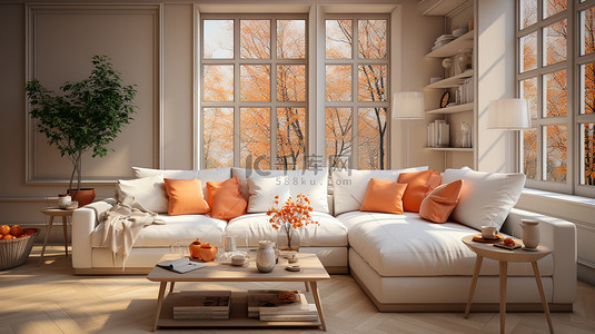 奶油色沙发背景图片_橙色和奶油色风格家居背景5