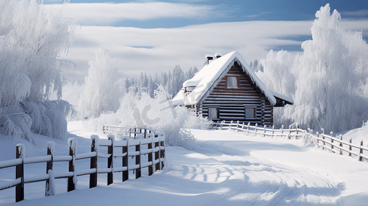 树挂摄影照片_冬日雪地中的木屋