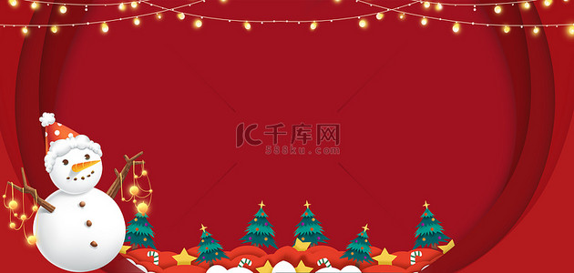圣诞节背景图片_圣诞节彩灯雪人红色剪纸风圣诞节海报背景