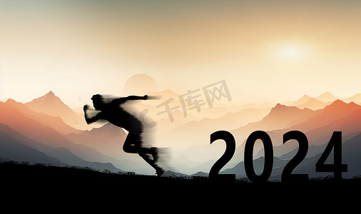 ，元旦摄影照片_新年日出2024剪影奔跑摄影图配图