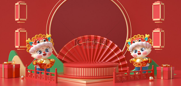年货节龙年展台红色中国风海报背景