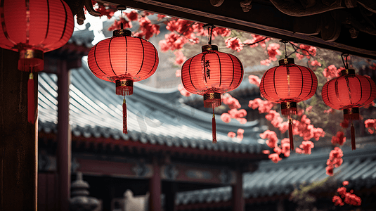 红灯笼摄影照片_中国年装饰的红灯笼
