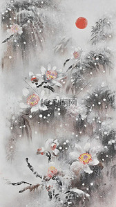 花枝花朵背景图片_国风冬天雪景大雪中的花枝意境背景