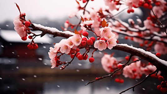 梅花剪纸和鸟摄影照片_雪中盛放的寒梅特写