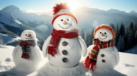 地中海老头摄影照片_冬日暖阳下雪地中的小雪人