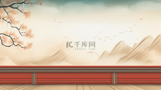 云海背景背景图片_中国山水古建筑春节装饰边框背景3