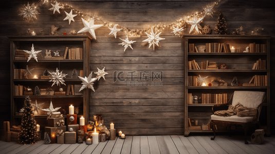 圣诞节背景图片_木屋书房圣诞灯饰装饰背景2