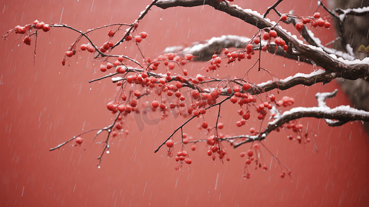 红墙外雨雪中的浆果