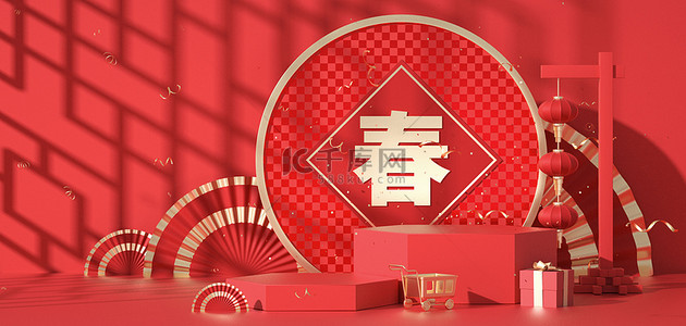 新年背景图片_春节光影展台c4d