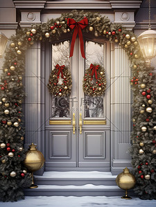 圣诞节背景图片_圣诞花环挂在门上10