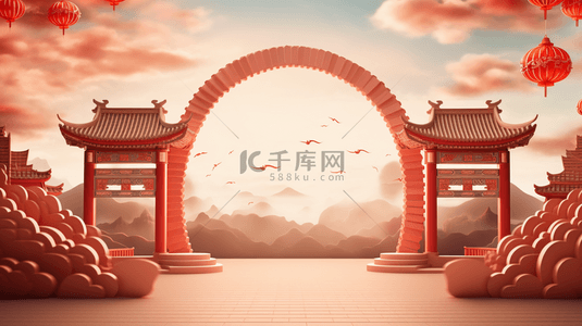 中国风门楼景物创意插画6