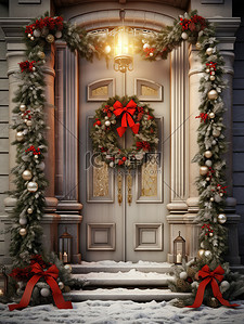 圣诞节背景图片_圣诞花环挂在门上8