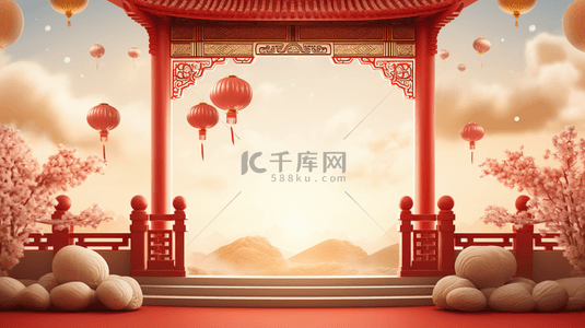 中国风门楼景物创意插画1