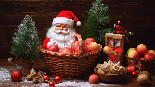 圣诞节背景图片_圣诞老人和篮子里的苹果7