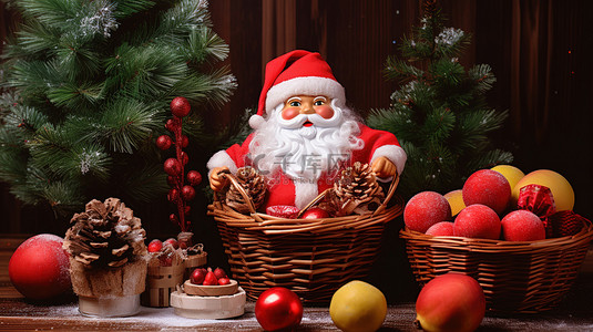 圣诞节背景图片_圣诞老人和篮子里的苹果3