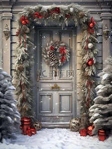 圣诞节背景图片_圣诞花环挂在门上1