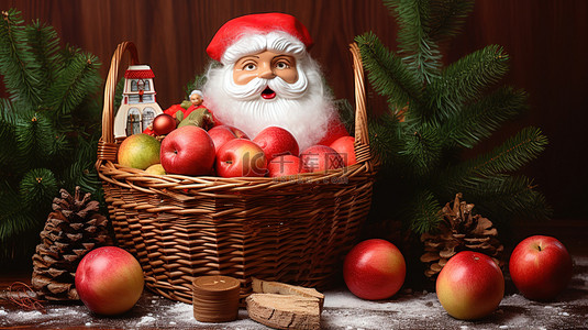 圣诞节背景图片_圣诞老人和篮子里的苹果2