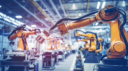 excel生产摄影照片_用于工厂生产的机械工业机器人和机械臂。工业革命和自动化制造过程中的人工智能概念。
