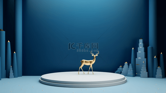 圣诞节背景图片_蓝金色圣诞节圣诞麋鹿电商展台