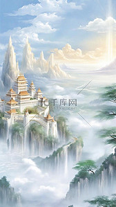 宫殿背景图片_蓝色中国风清新云雾里的宫殿背景