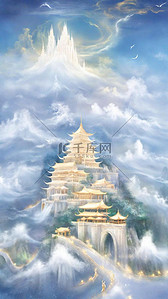 冰雪奇缘宫殿背景图片_蓝色中国风清新云雾里的宫殿背景