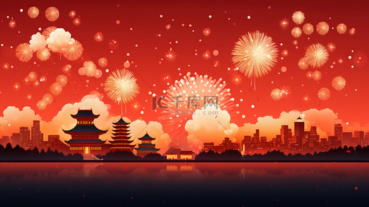 新年红底背景图片_红底金色烟花新年背景3