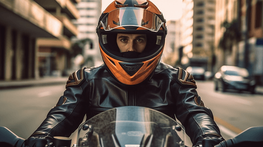 假面骑士龙骑摄影照片_赛车头盔穿着安全西装的男子在快速弯曲高公路上骑运动摩托车街道