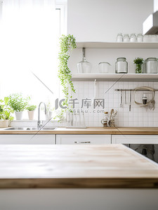 干净背景图片_干净的厨房绿植白色色调7