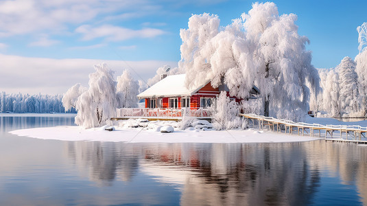 冬天雪景湖边的房子13