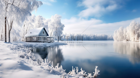 冬天雪景湖边的房子11